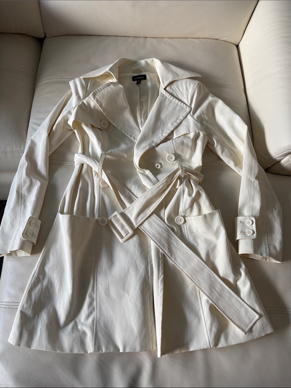 bebe Cream Double-Breasted Trench Coat with Belt